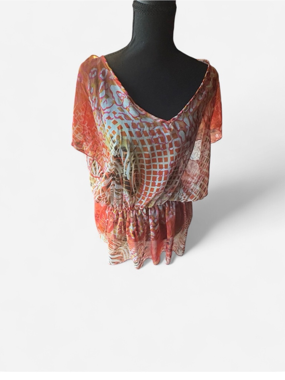Zenobia Orange Multi-Print Sheer Blouson Top